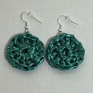 Women’s Teal Green Crochet Raffia Ribbon Circular Drop Earrings, Handcrafted